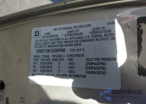 1999 Chevrolet Blazer Ls from USA, damaged, VIN 1GNDT13W1X2247449